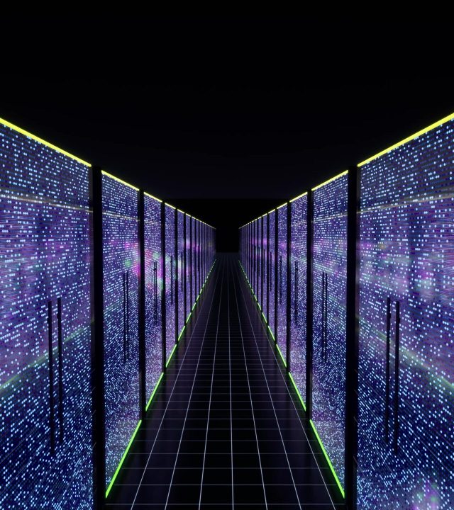 Image of a futuristic looking server room in a data center